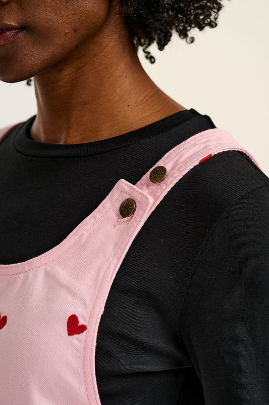 Layla - Denim Mini Dress in Pink Wash with Cupid Hearts Embroidery