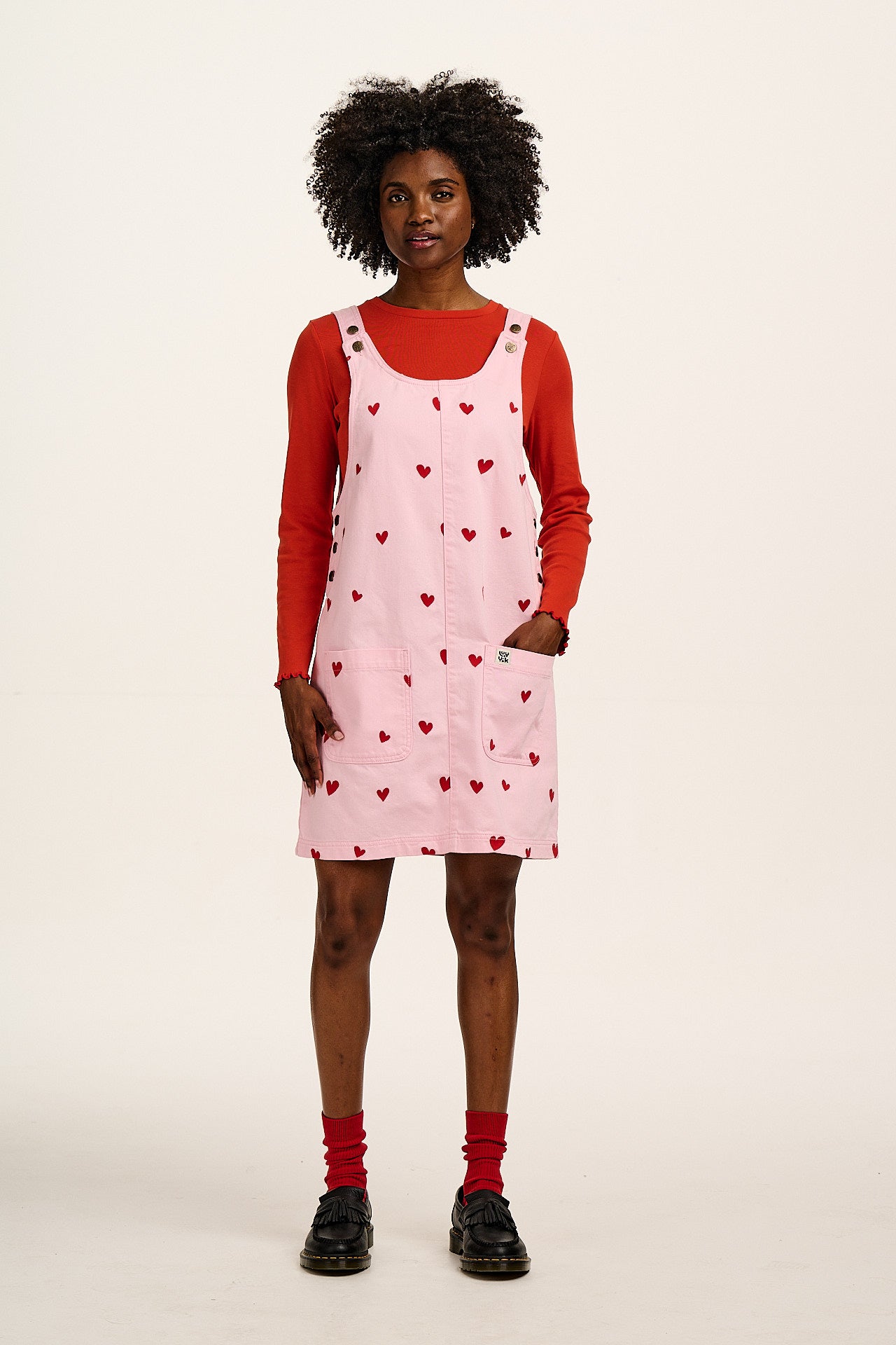 Layla - Denim Mini Dress in Pink Wash with Cupid Hearts Embroidery