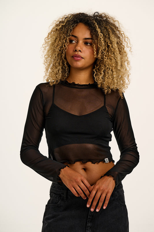 Perrie - Long Sleeve Mesh Top in Black