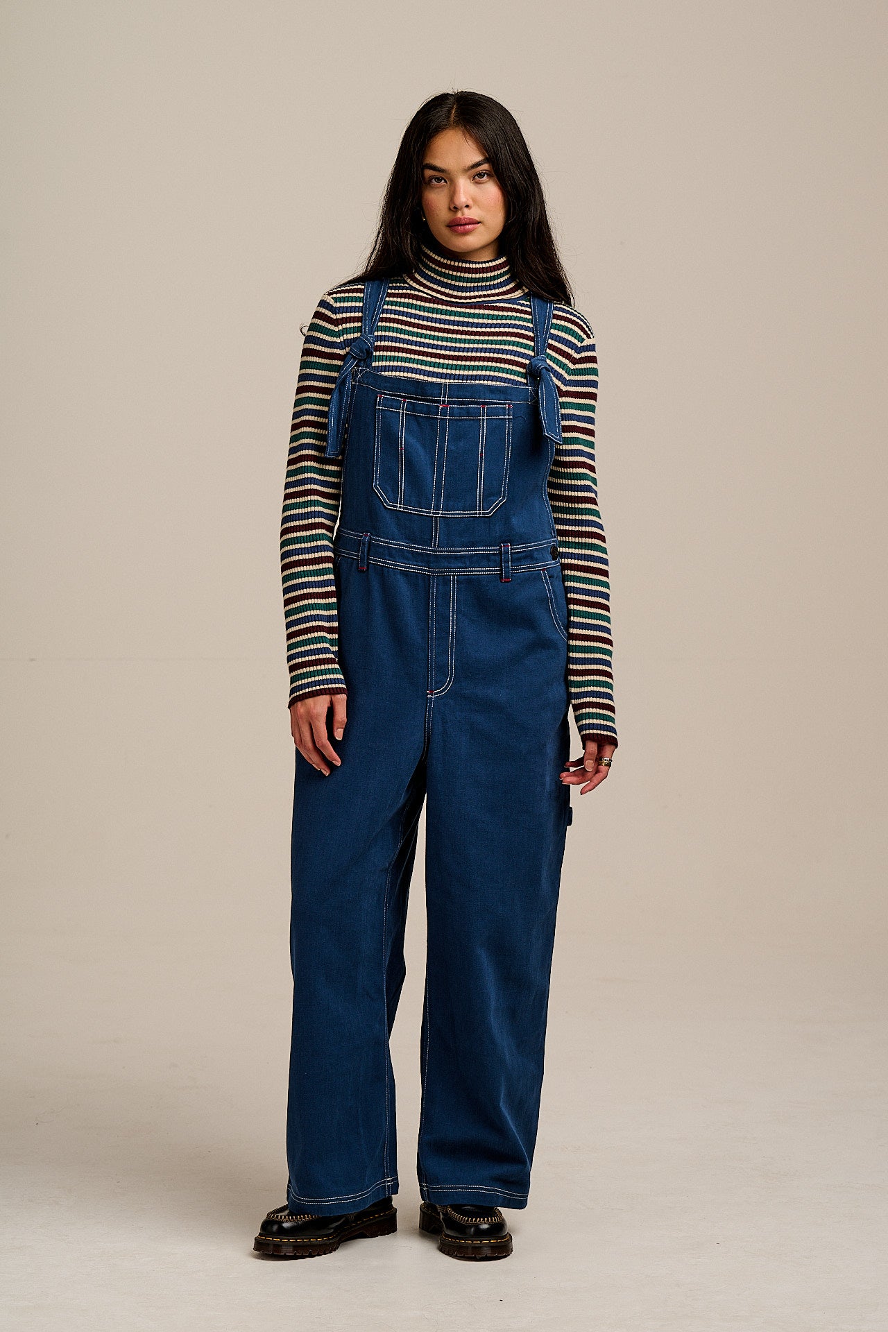 Mullen - Cotton Dungarees in Navy with Contrast Stitch
