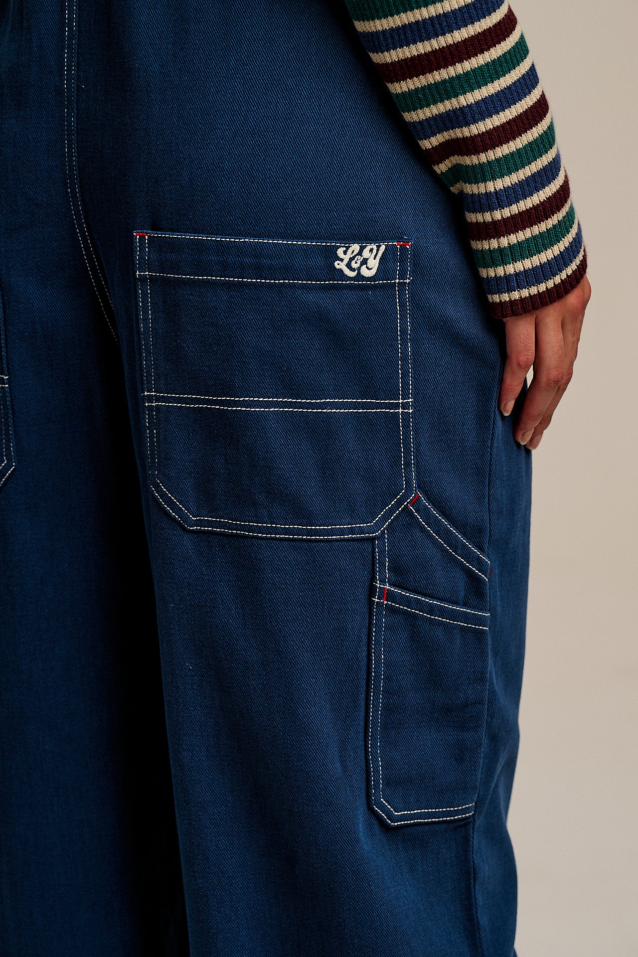 Mullen - Cotton Dungarees in Navy with Contrast Stitch