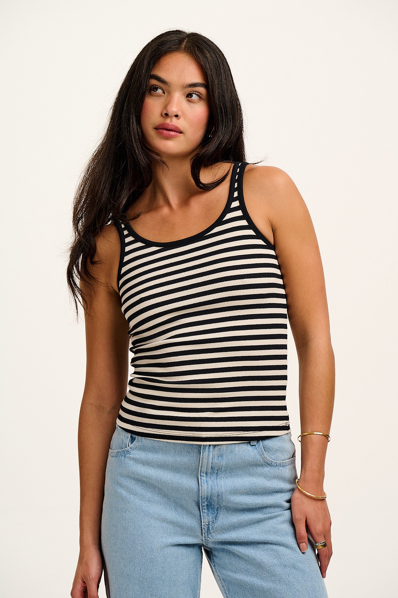 Tully - Cotton Strappy Vest in Black & White Stripe