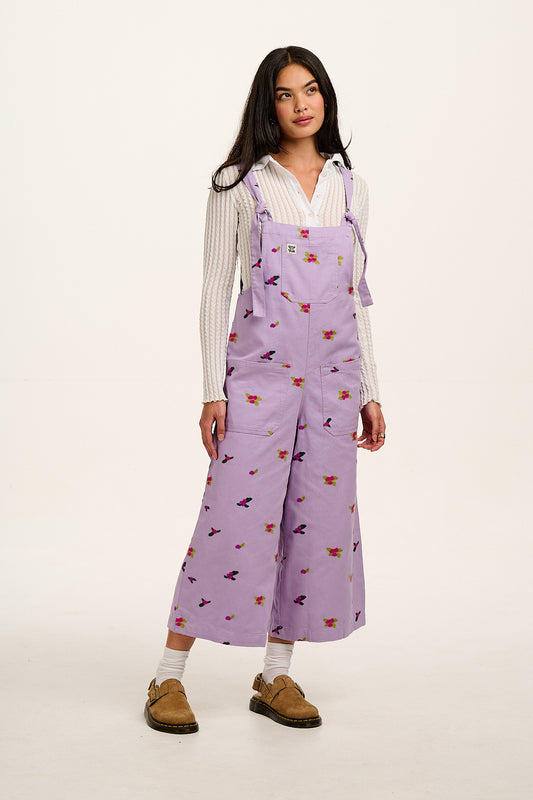 Jenny -  Wide Leg Cotton Dungarees in Lilac with Floral Embroidery