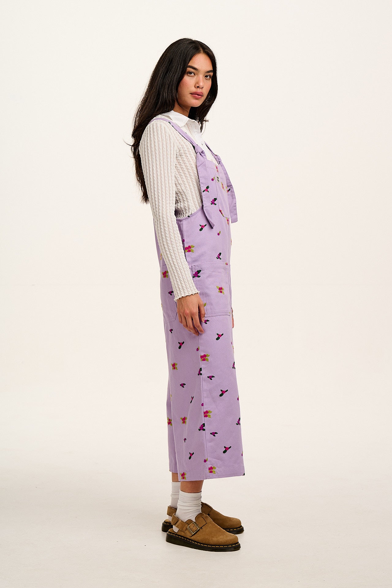 Jenny -  Wide Leg Cotton Dungarees in Lilac with Floral Embroidery
