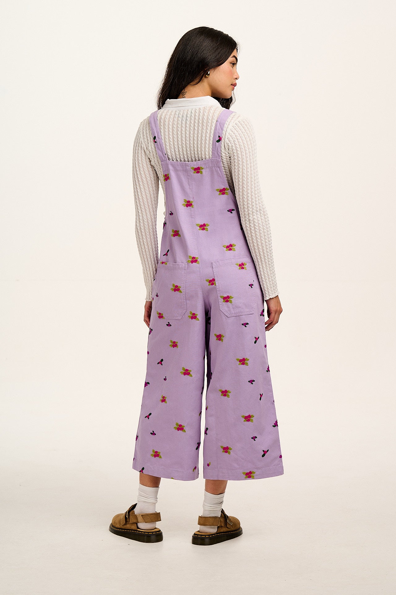 Jenny -  Wide Leg Cotton Dungarees in Lilac with Floral Embroidery