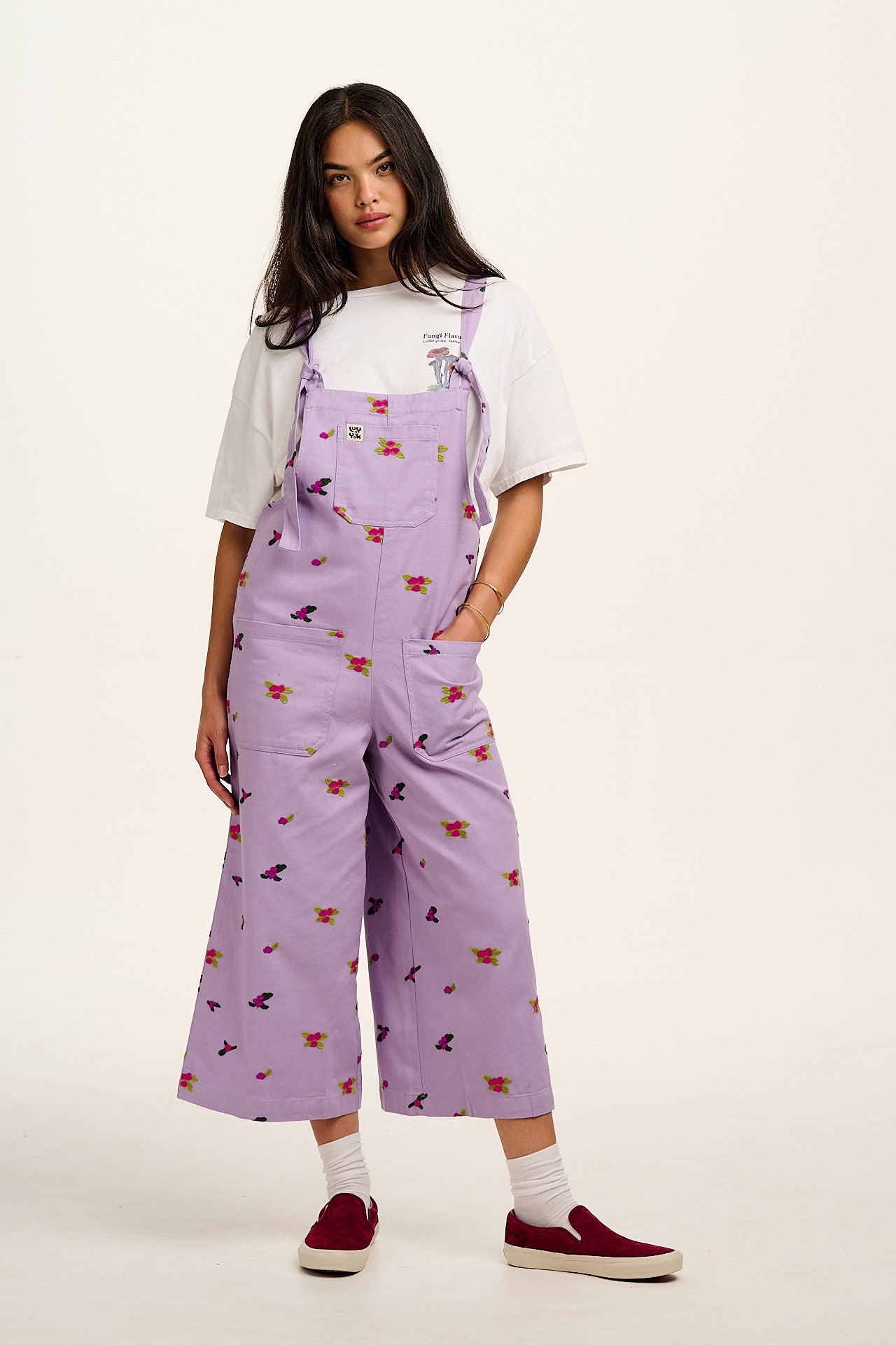 Jenny -  Wide Leg Cotton Dungarees in Lilac with Floral Embroidery