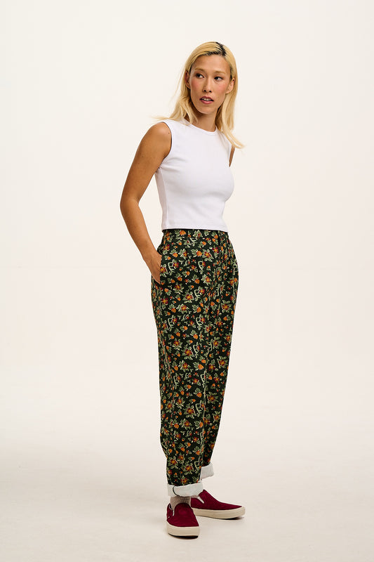 Addison - Cotton Jeans in Green Floral Print