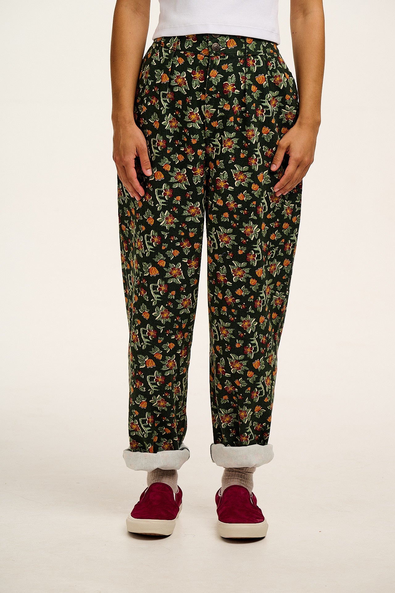 Addison - Cotton Jeans in Green Floral Print