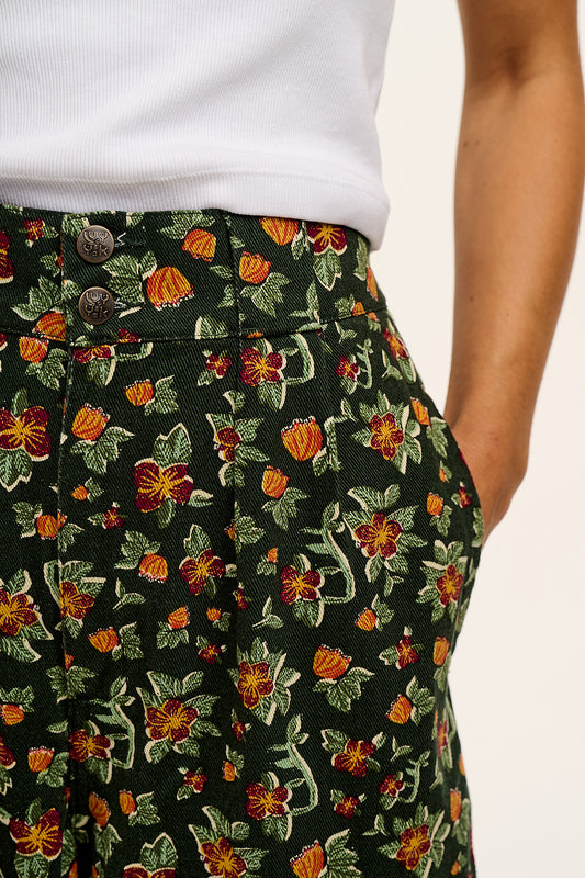 Addison - Cotton Jeans in Green Floral Print