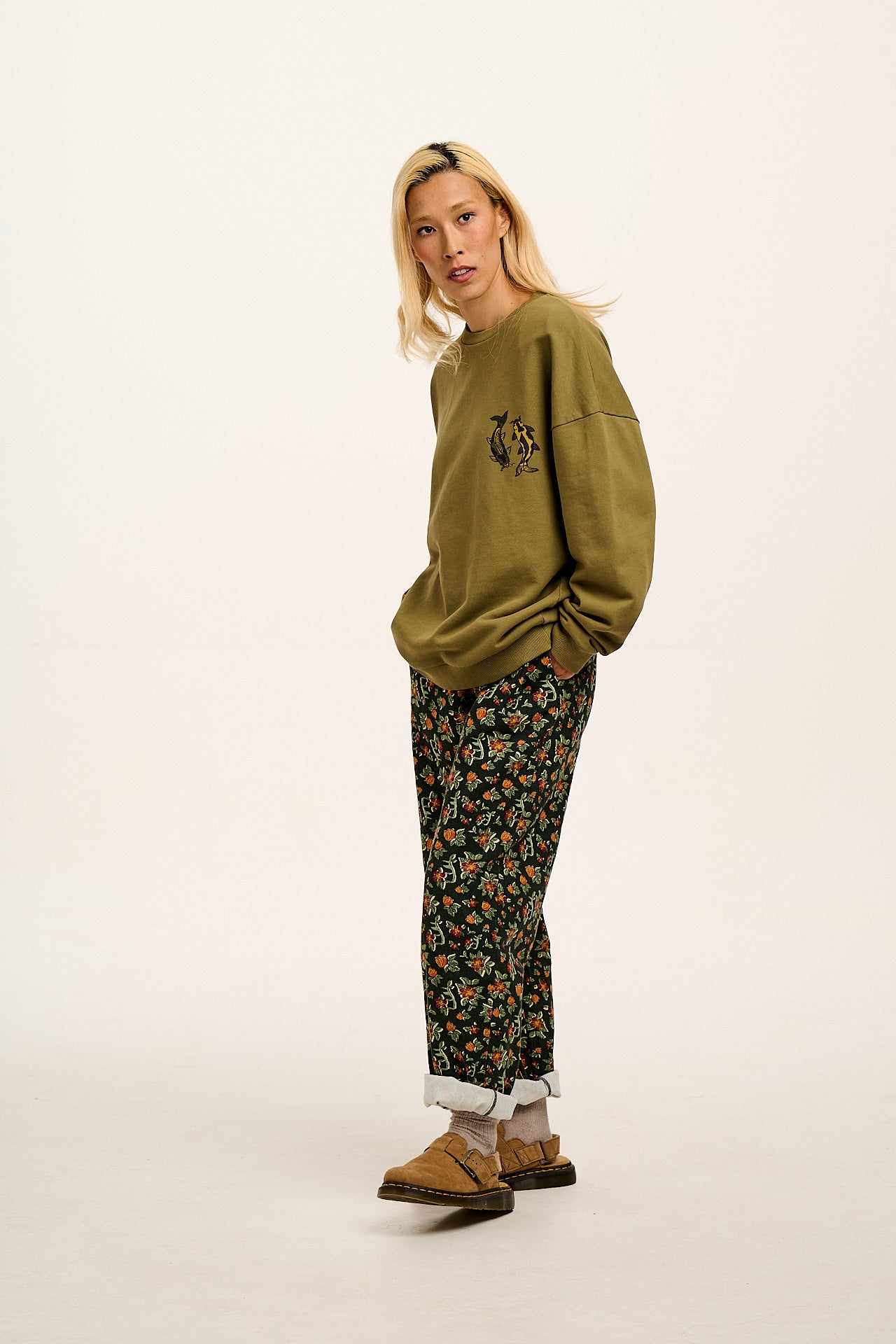 Addison - Cotton Jeans in Green Floral Print