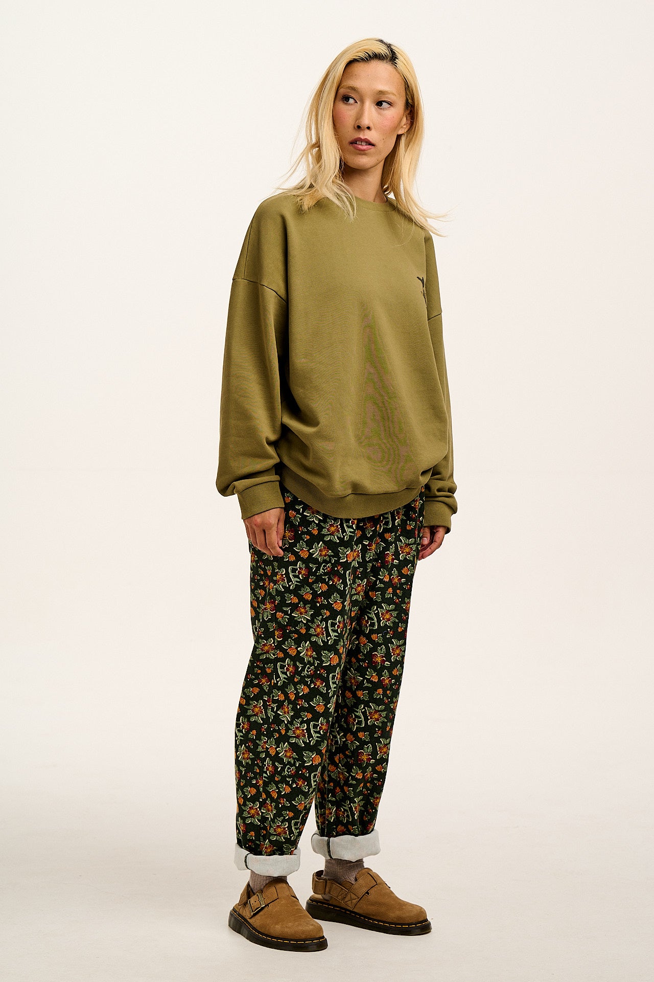 Addison - Cotton Jeans in Green Floral Print