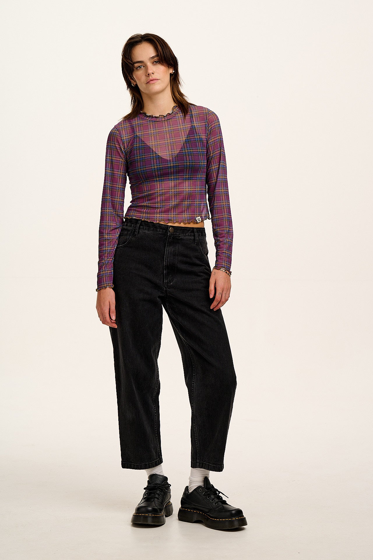 Perrie - Long Sleeve Mesh Top in Purple Grunge Check