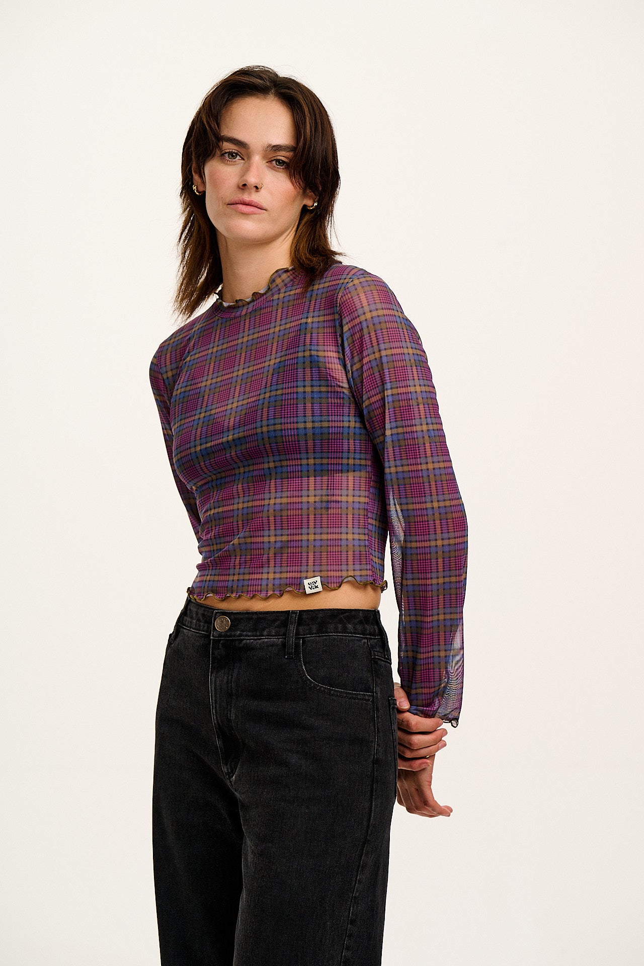 Perrie - Long Sleeve Mesh Top in Purple Grunge Check