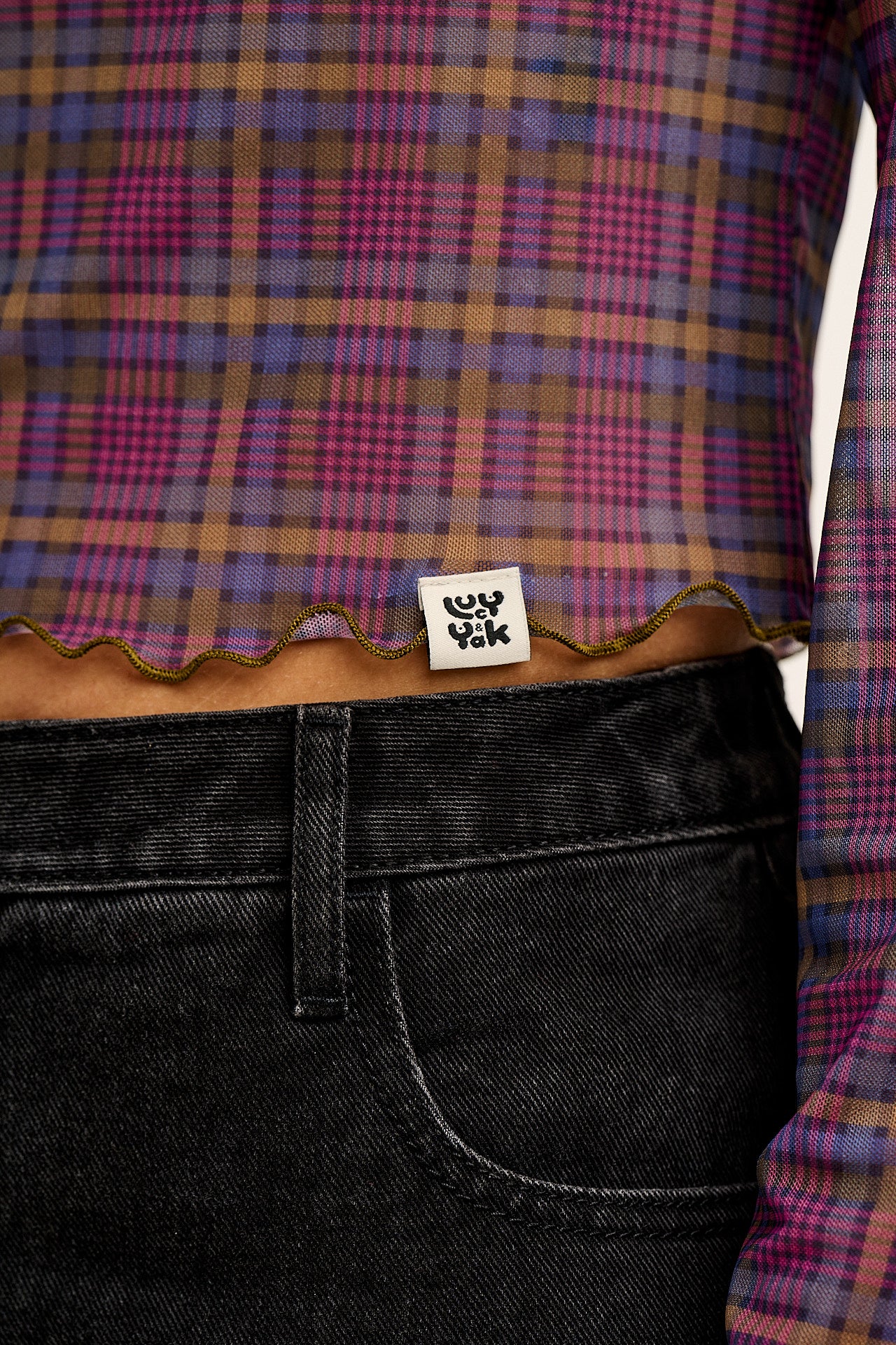 Perrie - Long Sleeve Mesh Top in Purple Grunge Check