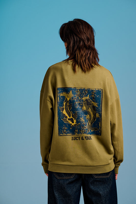 Sutton - Cotton Oversized Sweatshirt in Khaki Koi Print