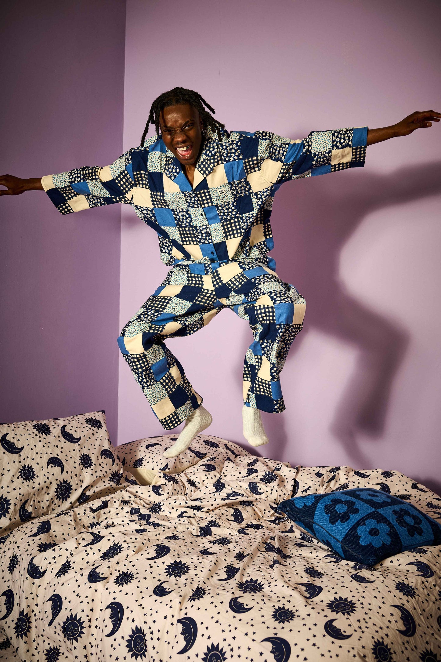 Dreamer - Brushed Cotton Pyjamas Set in Inked Blue Patchwork