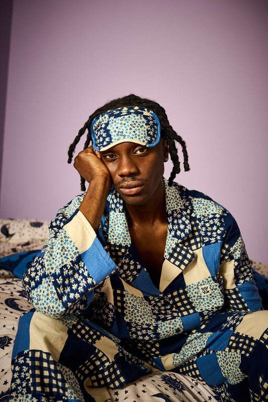 Yaima - Eye Mask in Inked Blue Patchwork