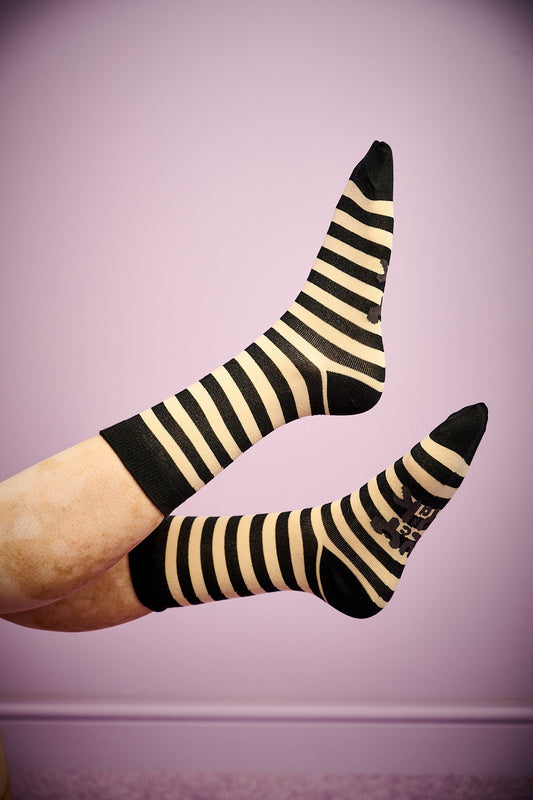 JoJo - Cotton Socks in Black & Ecru Stripe