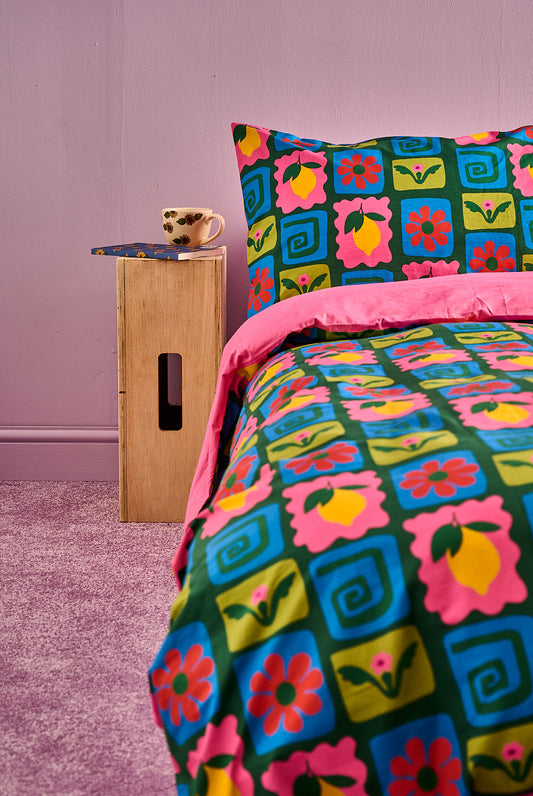 Yolanda - Soft Cotton Bed Sheets in Lemon Tile Print