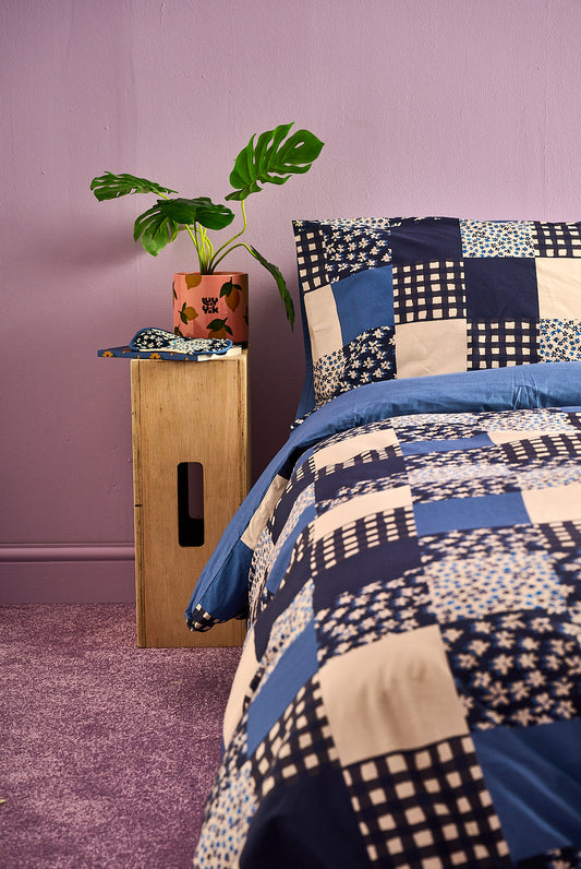 Yolanda - Soft Cotton Bed Sheets in Blue Patchwork Gingham