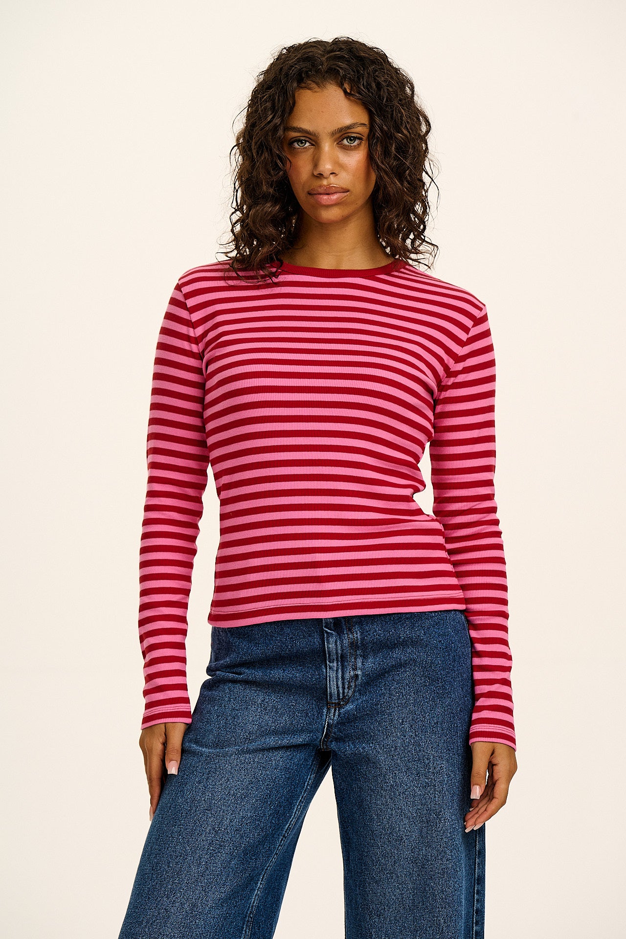 Grayson - Long Sleeve Cotton T-Shirt in Pink & Red Stripe