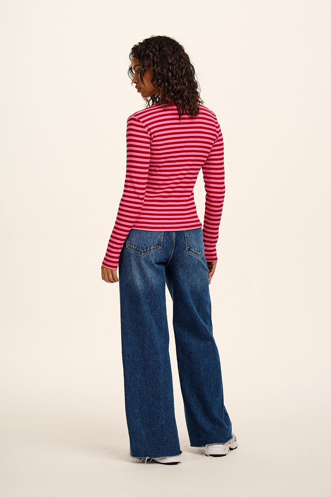 Grayson - Long Sleeve Cotton T-Shirt in Pink & Red Stripe