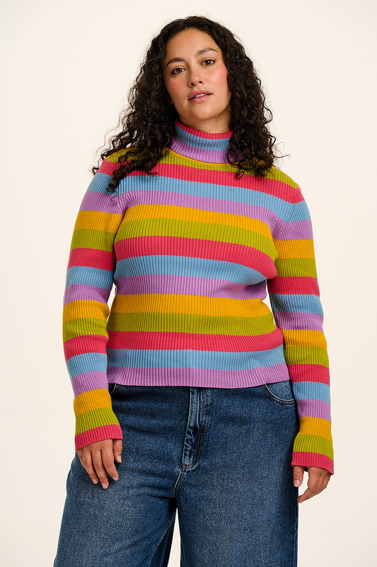 Eva - Knitted Roll Neck Long Sleeve Top in Rainbow Stripe