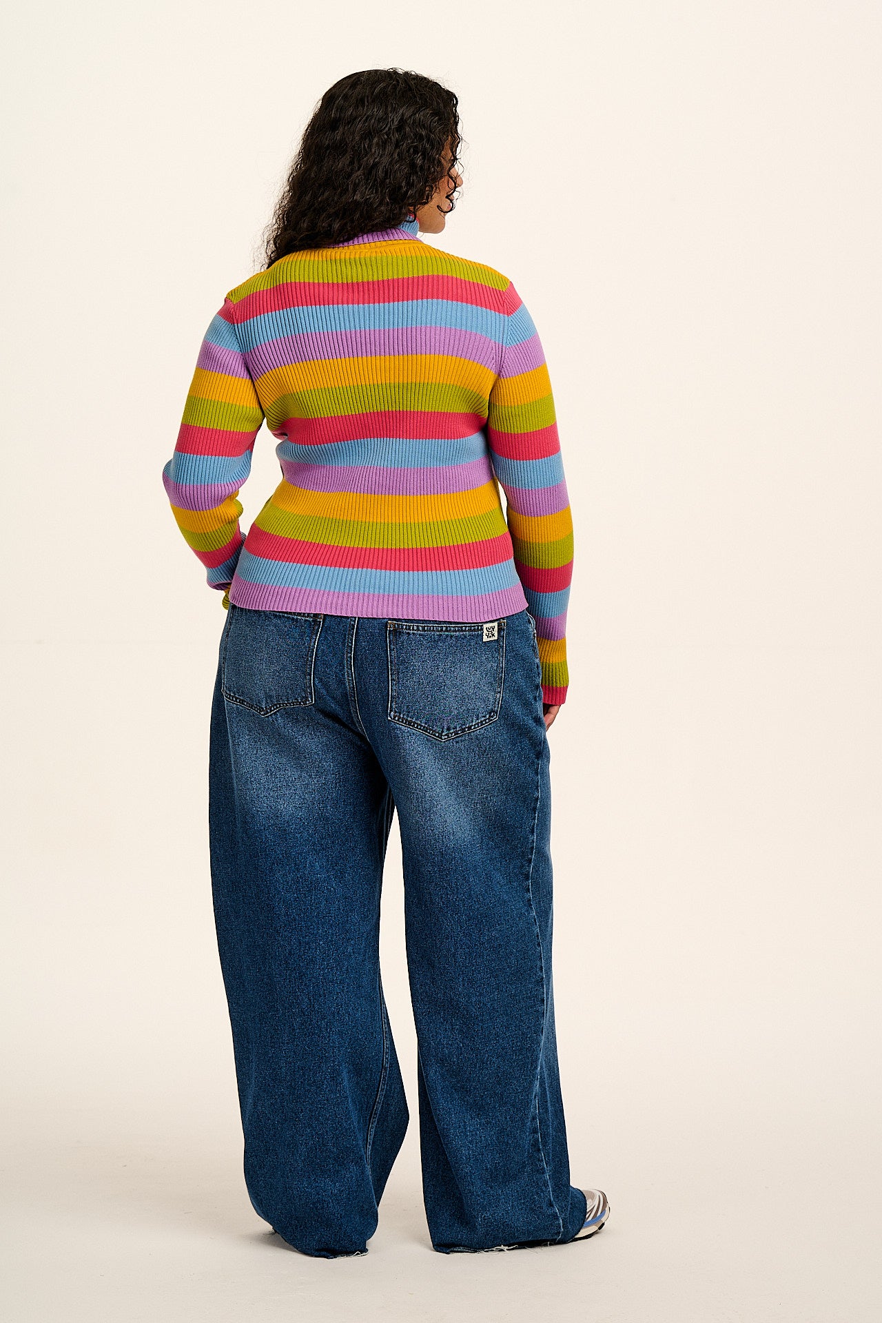 Eva - Knitted Roll Neck Long Sleeve Top in Rainbow Stripe