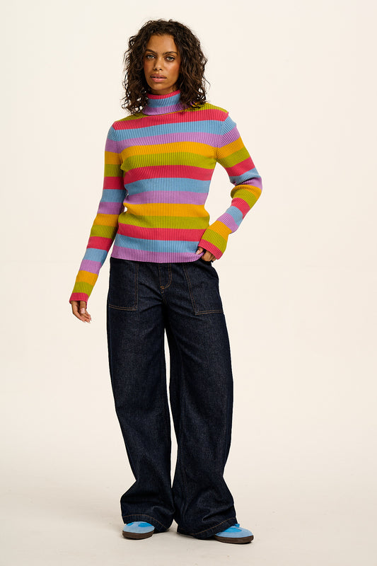 Eva - Knitted Roll Neck Long Sleeve Top in Rainbow Stripe