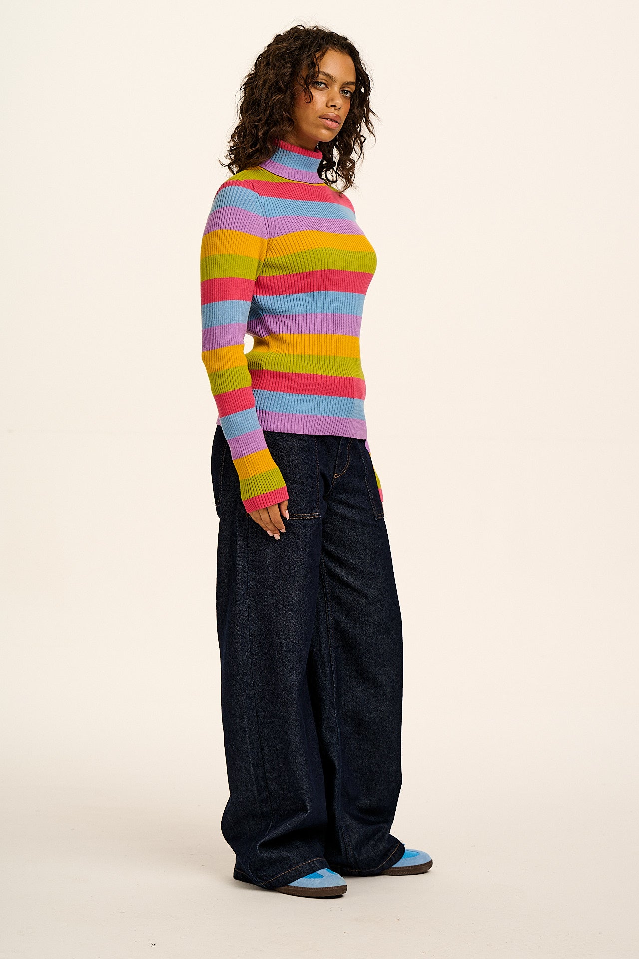 Eva - Knitted Roll Neck Long Sleeve Top in Rainbow Stripe