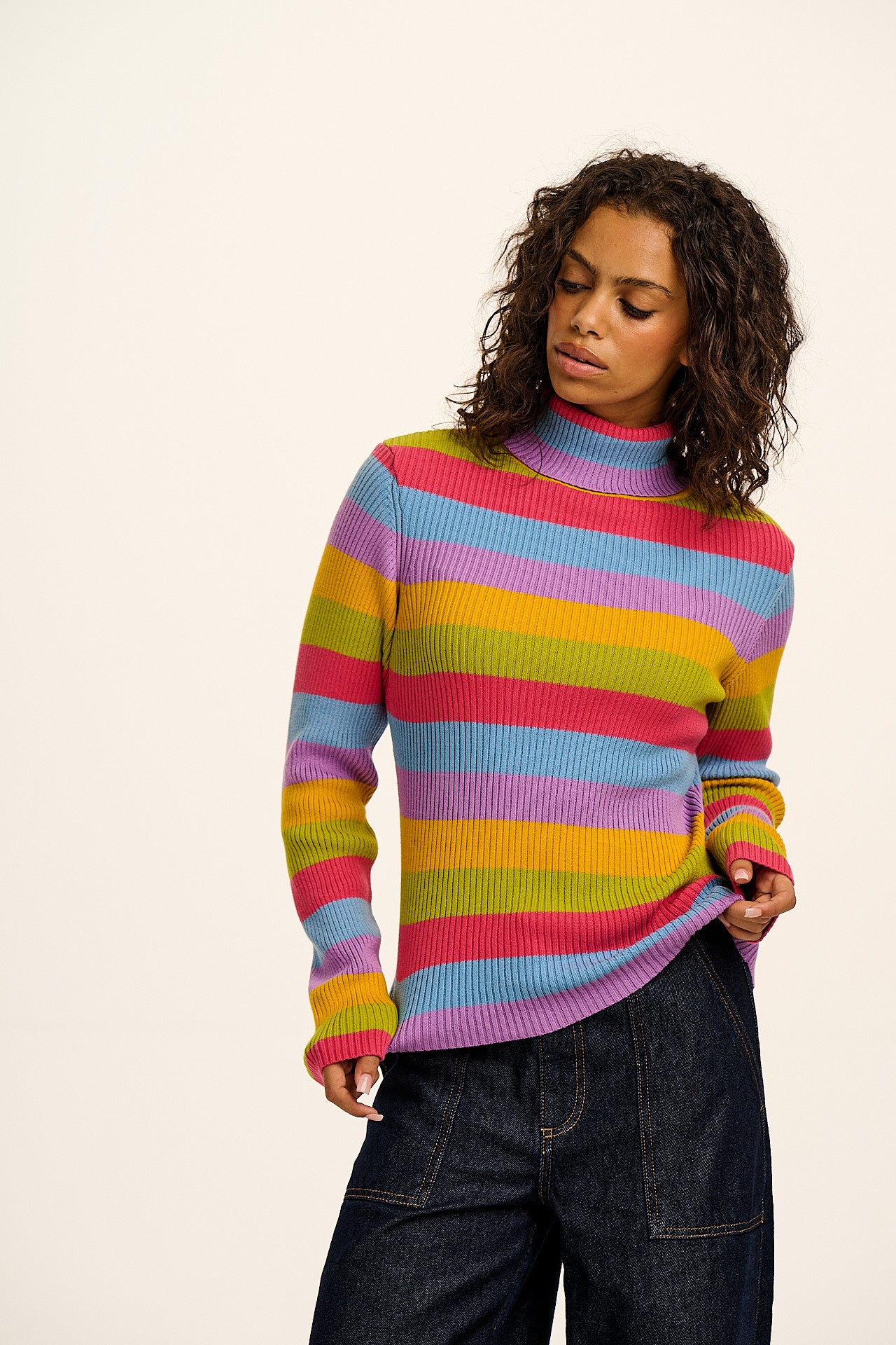 Eva - Knitted Roll Neck Long Sleeve Top in Rainbow Stripe