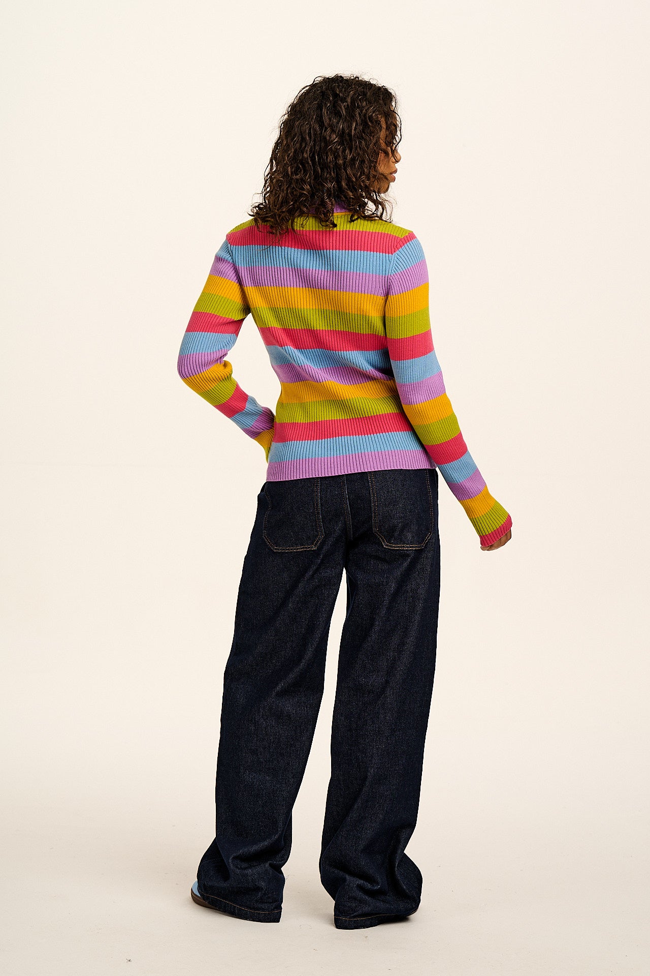 Eva - Knitted Roll Neck Long Sleeve Top in Rainbow Stripe