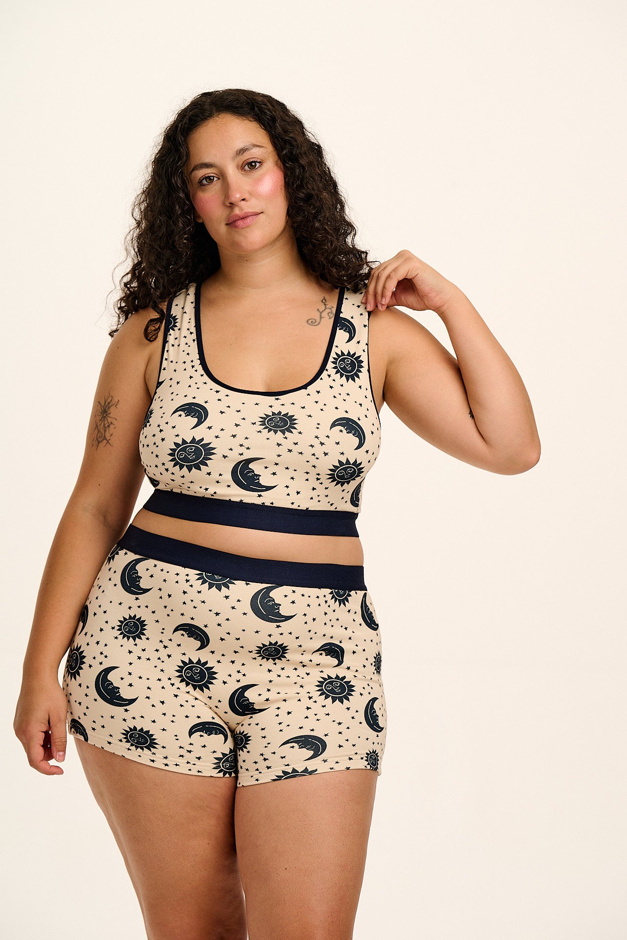 Iona - Cotton & Bamboo Racer Back Crop Top in Ecru Celestial Print