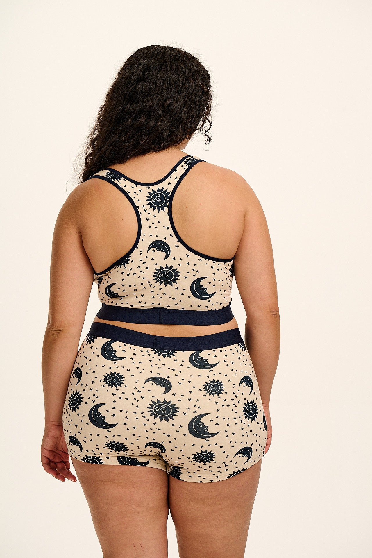 Iona - Cotton & Bamboo Racer Back Crop Top in Ecru Celestial Print