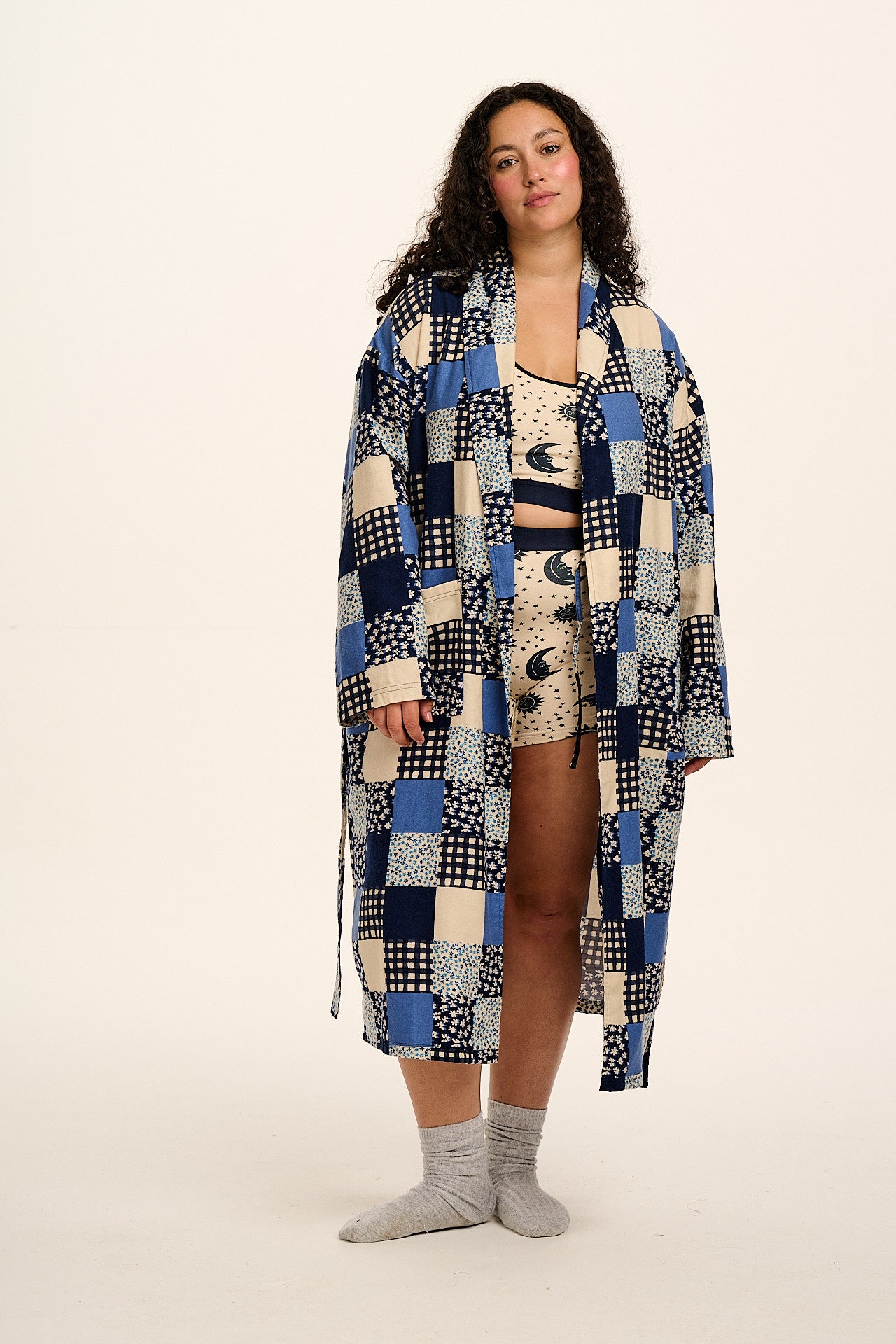 Braydon - Brushed Cotton Robe in Inked Blue Patchwork