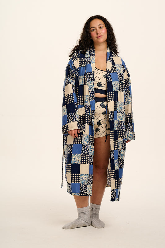 Braydon - Brushed Cotton Robe in Inked Blue Patchwork