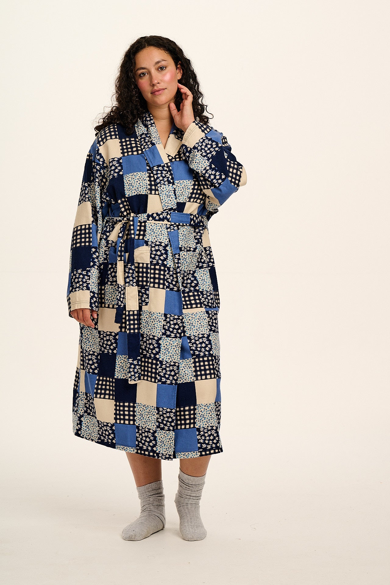 Braydon - Brushed Cotton Robe in Inked Blue Patchwork