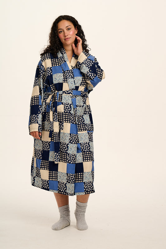 Braydon - Brushed Cotton Robe in Inked Blue Patchwork
