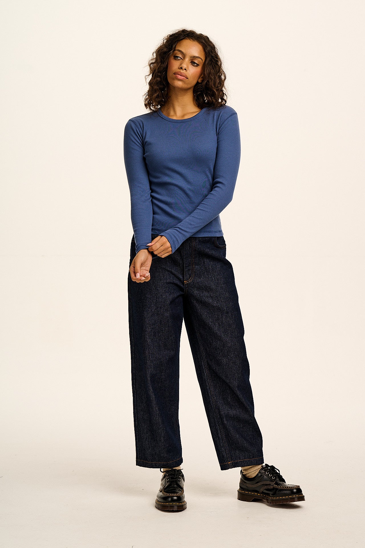 Grayson - Cotton Long Sleeve T-Shirt in Denim Blue