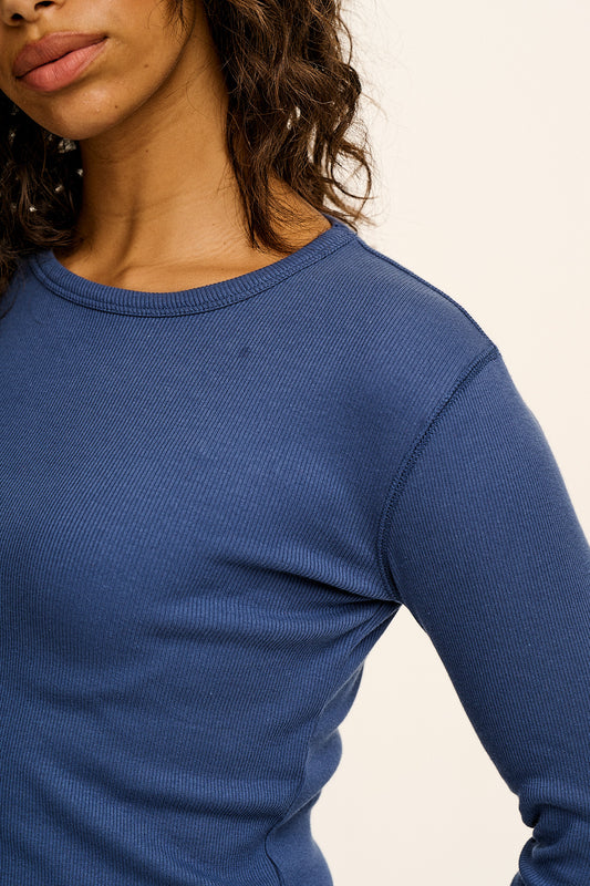 Grayson - Cotton Long Sleeve T-Shirt in Denim Blue