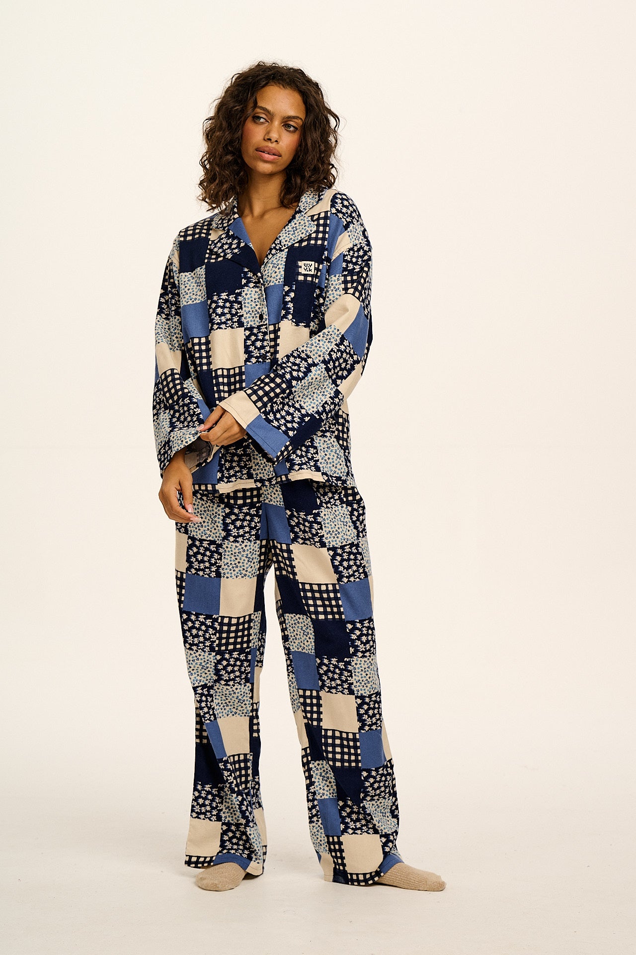 Dreamer - Brushed Cotton Pyjamas Set in Inked Blue Patchwork