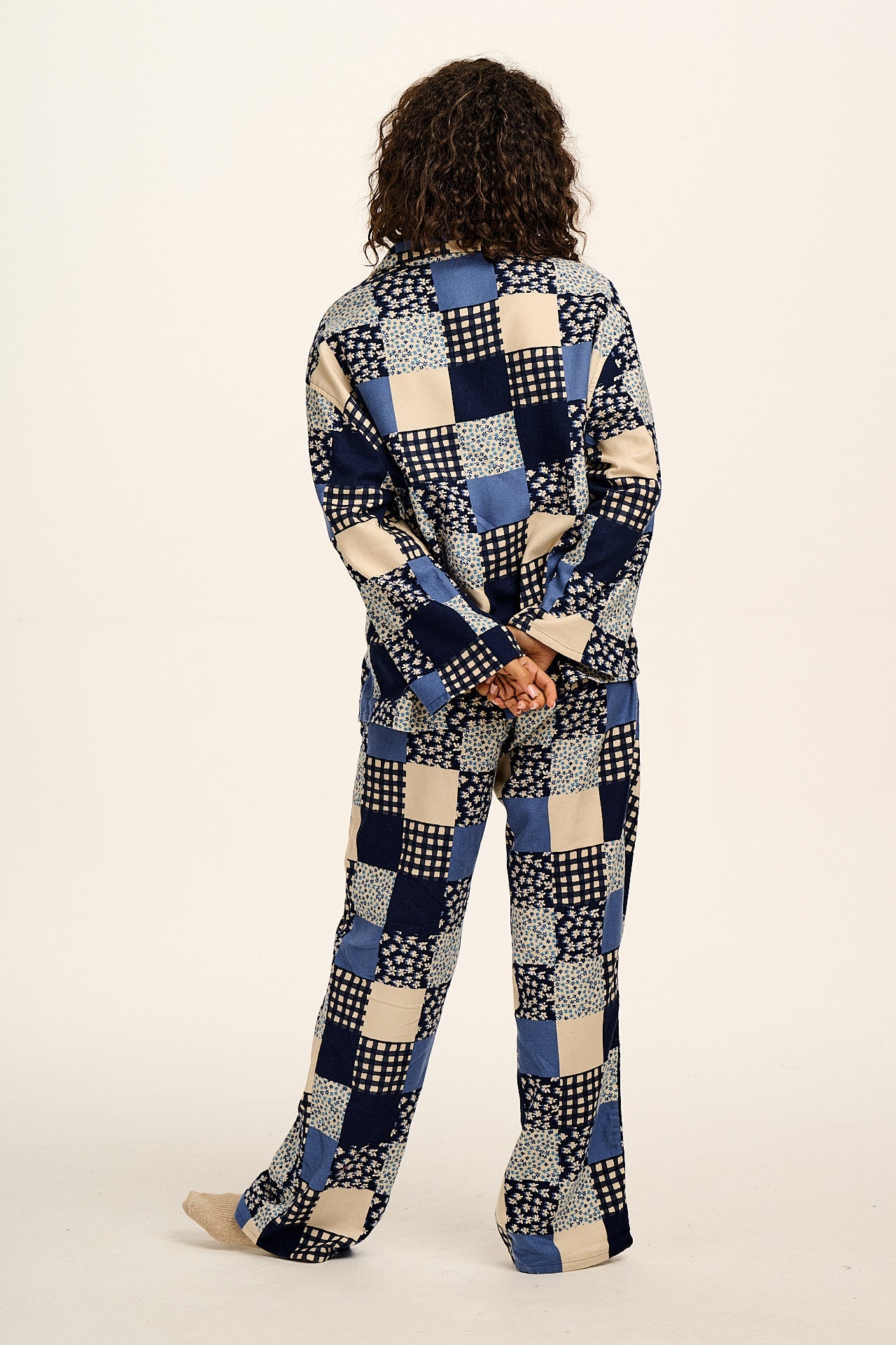 Dreamer - Brushed Cotton Pyjamas Set in Inked Blue Patchwork