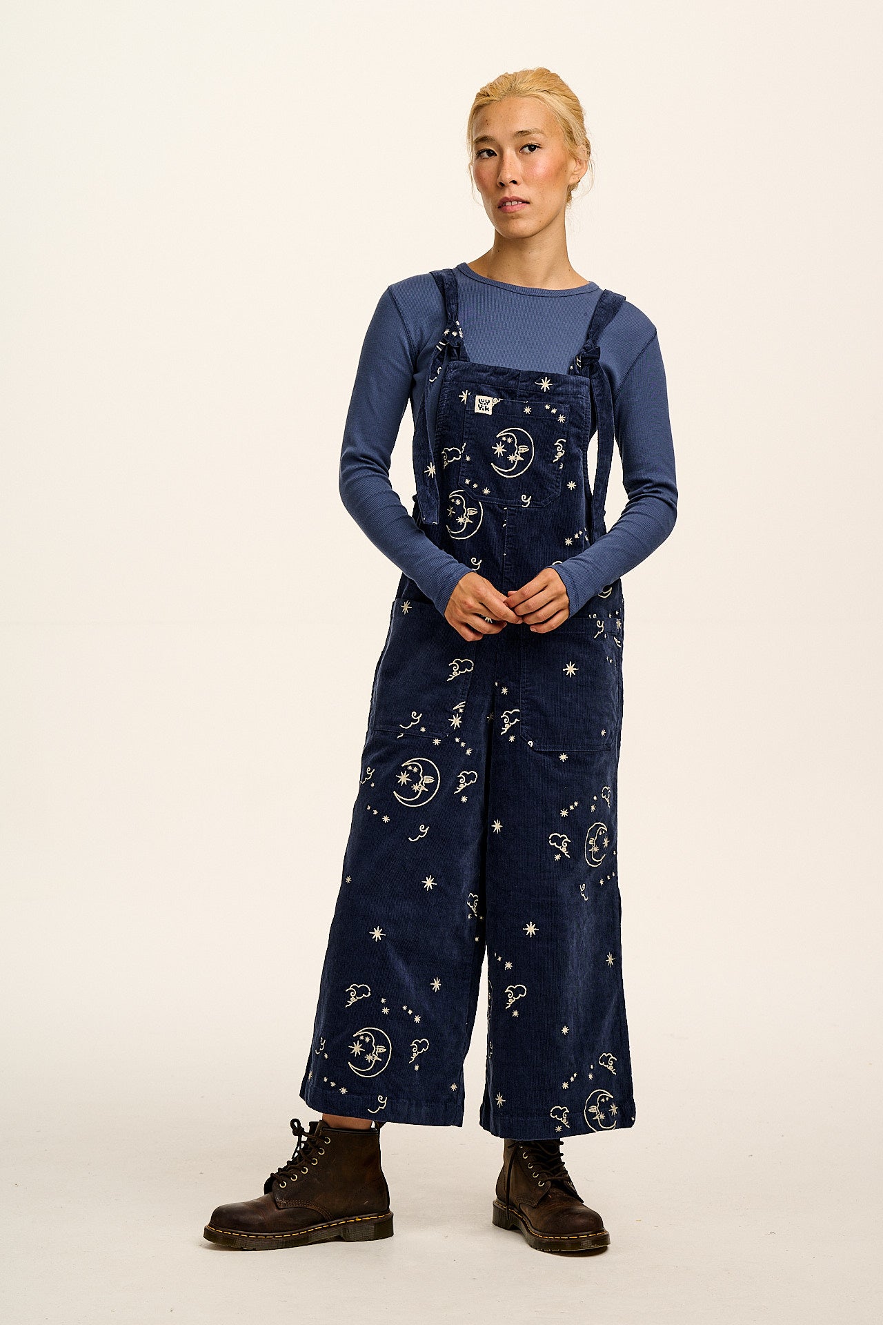 Jenny - Wide Leg Corduroy Dungaree in Blue Celeste Embroidery