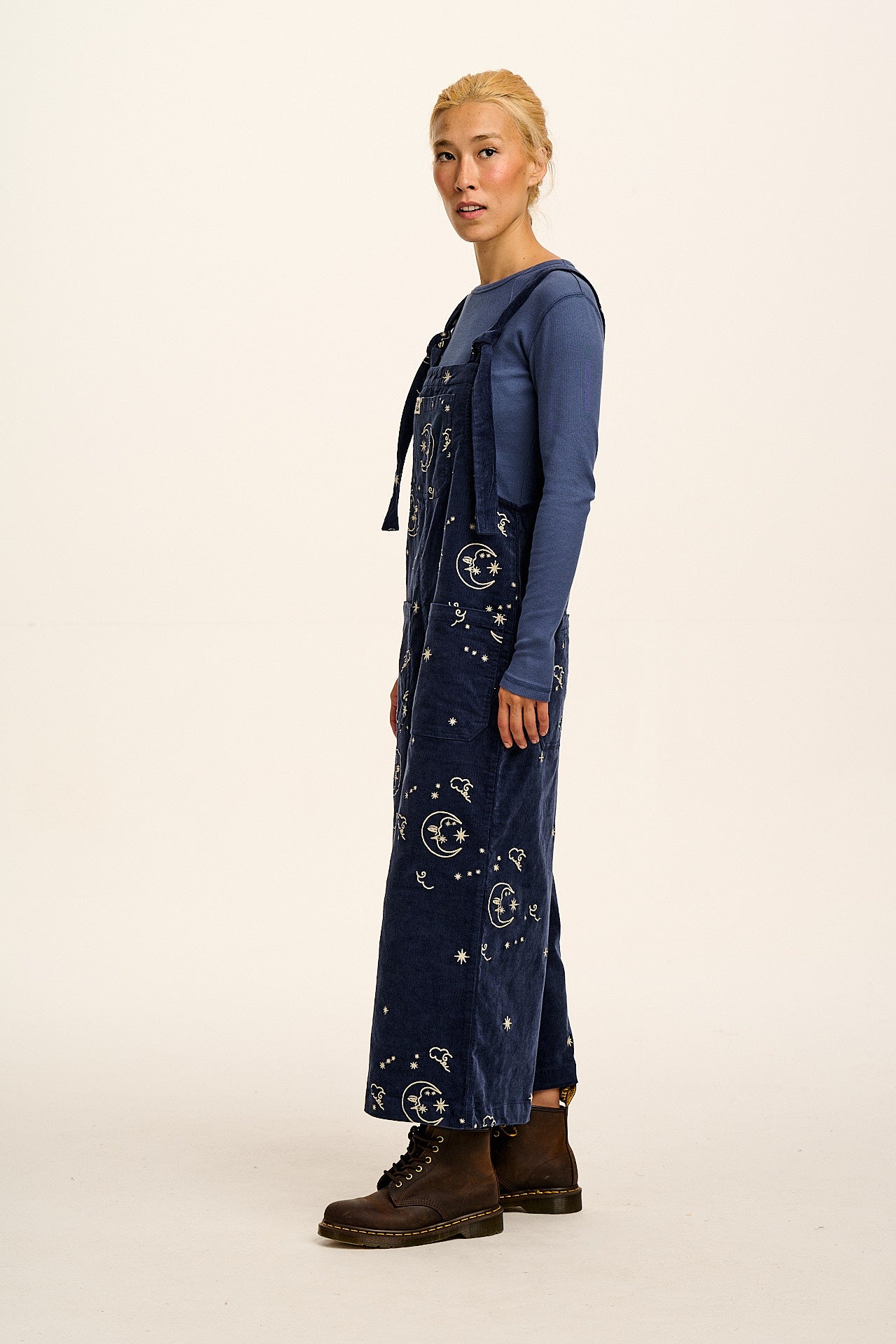 Jenny - Wide Leg Corduroy Dungaree in Blue Celeste Embroidery