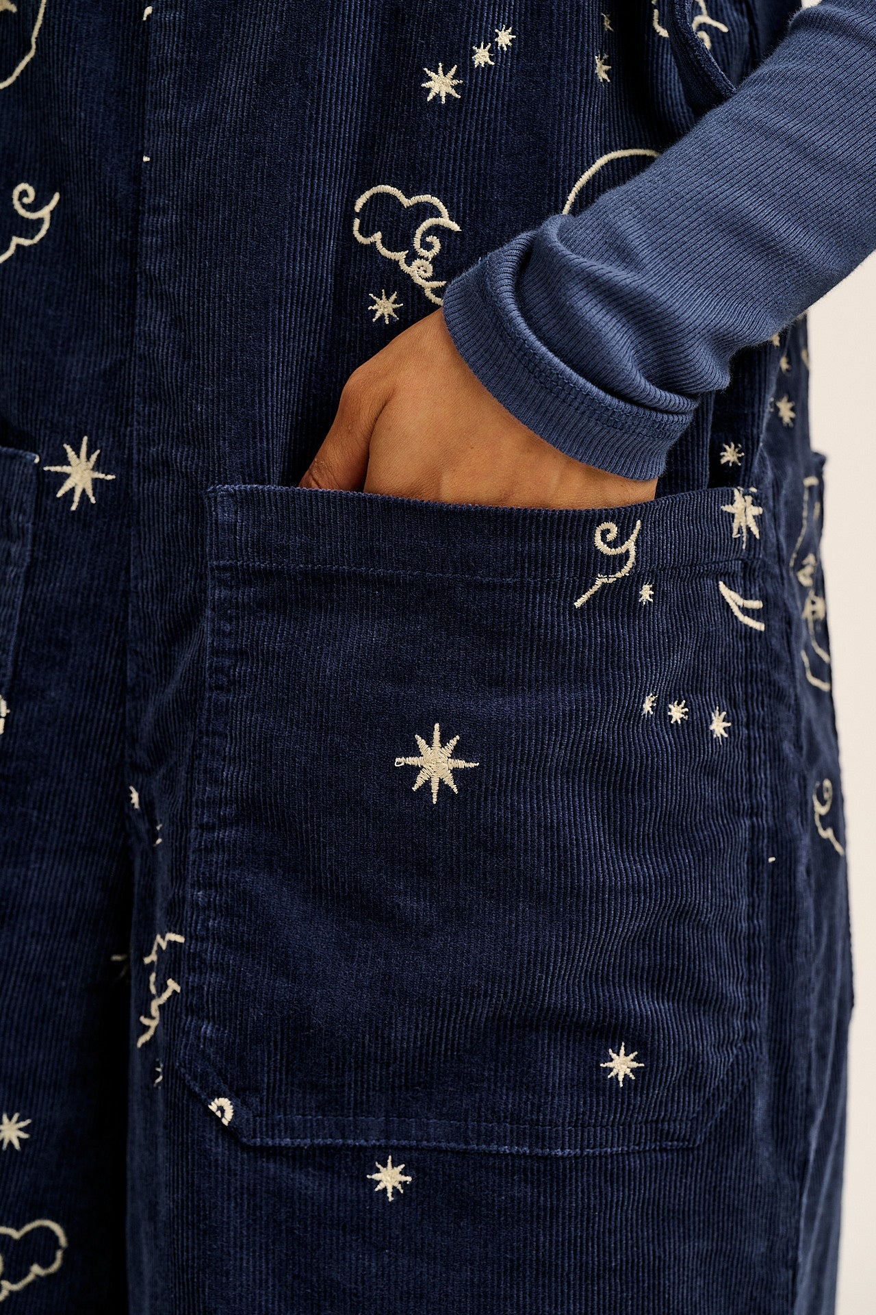 Jenny - Wide Leg Corduroy Dungaree in Blue Celeste Embroidery