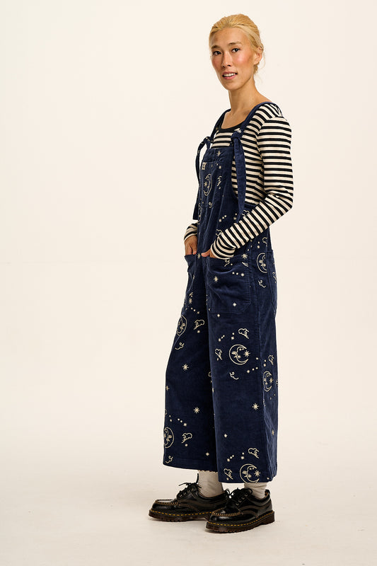 Jenny - Wide Leg Corduroy Dungaree in Blue Celeste Embroidery