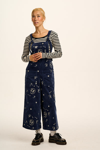 Jenny - Wide Leg Corduroy Dungaree in Blue Celeste Embroidery