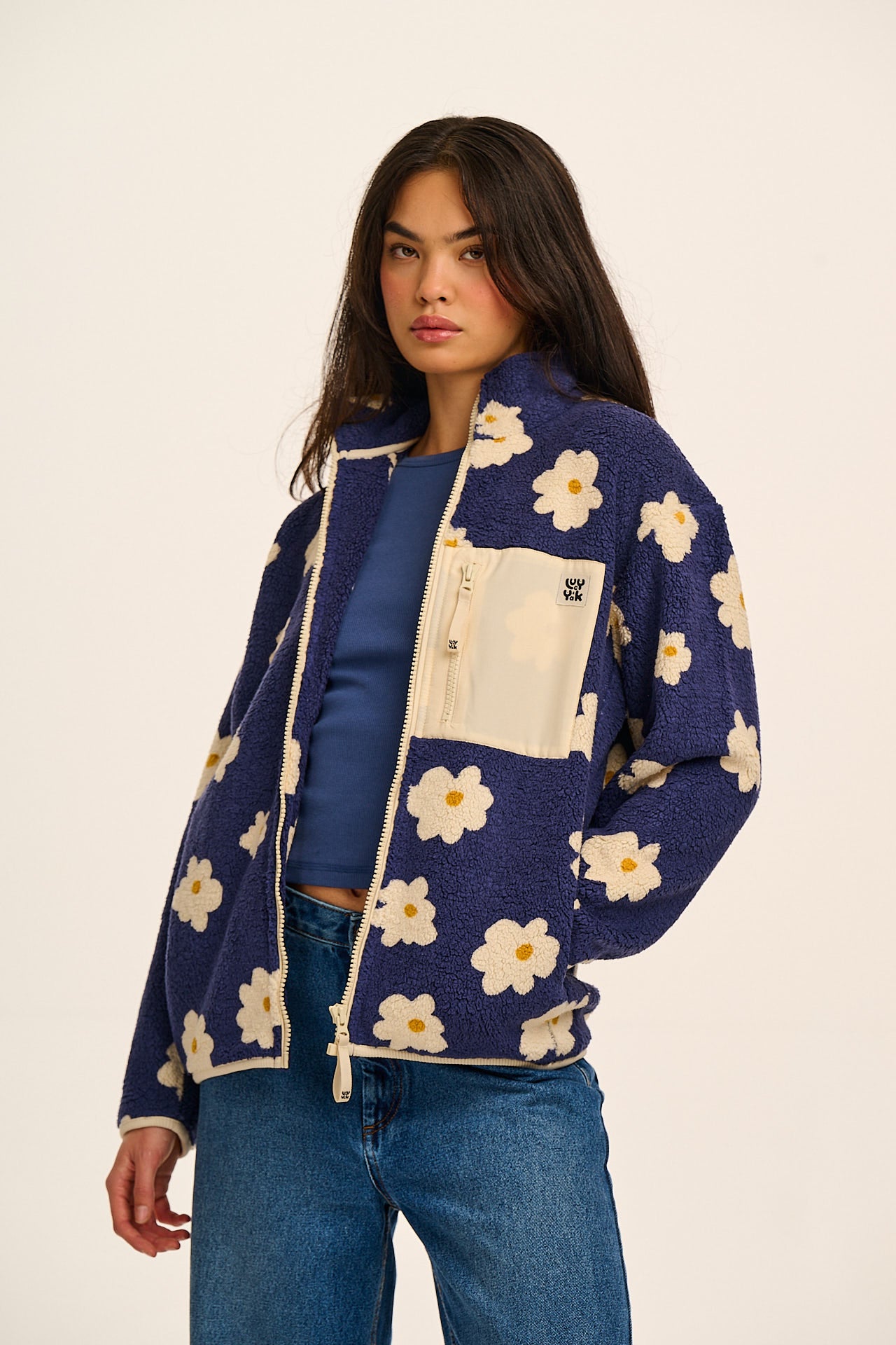 Harper - Borg Fleece Jacket in Blue & White Delano