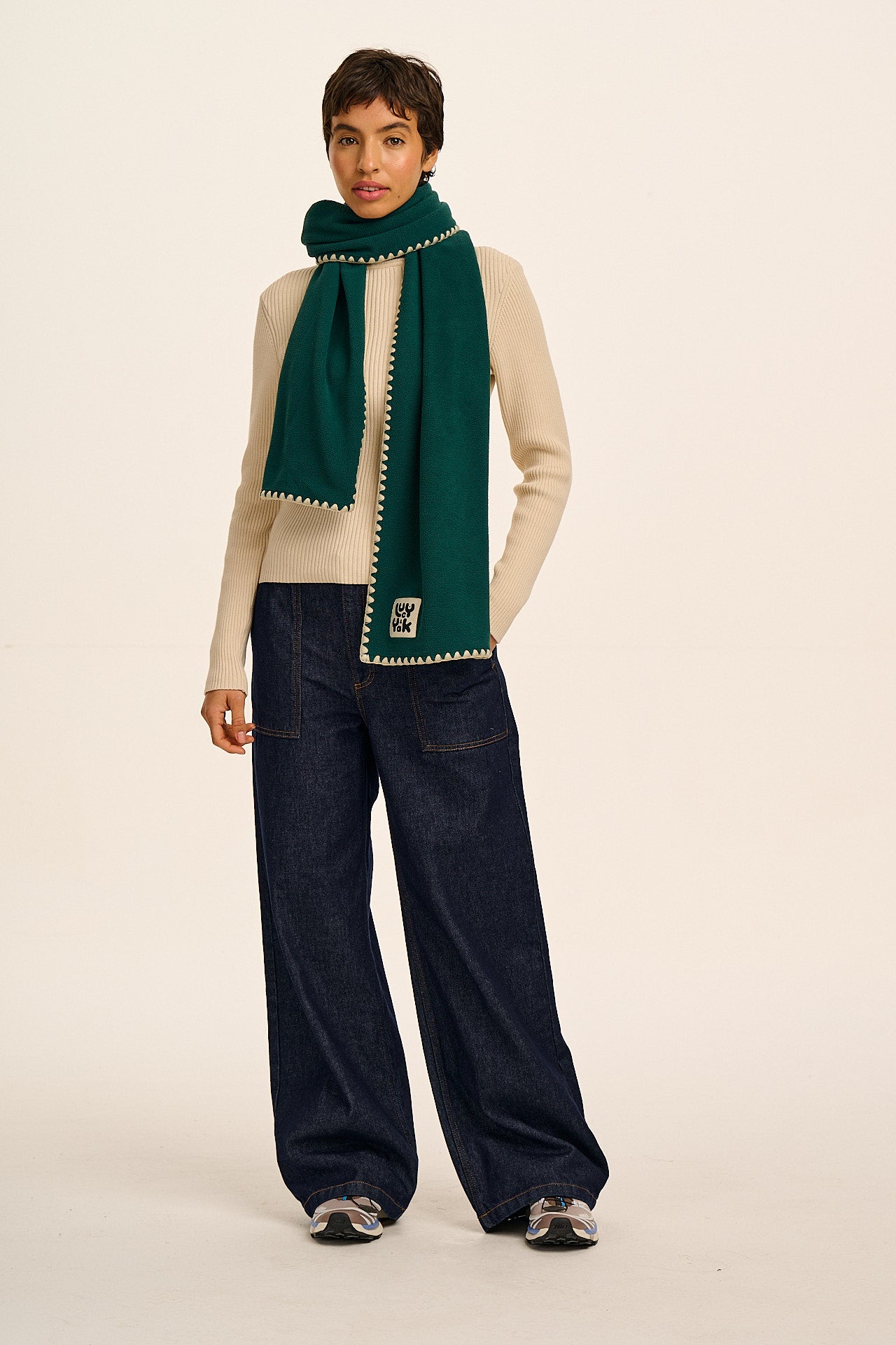 Kiri - Polar Fleece Blanket Stitch Scarf in Teal & Ecru