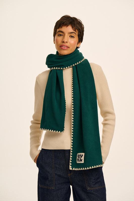 Kiri - Polar Fleece Blanket Stitch Scarf in Teal & Ecru